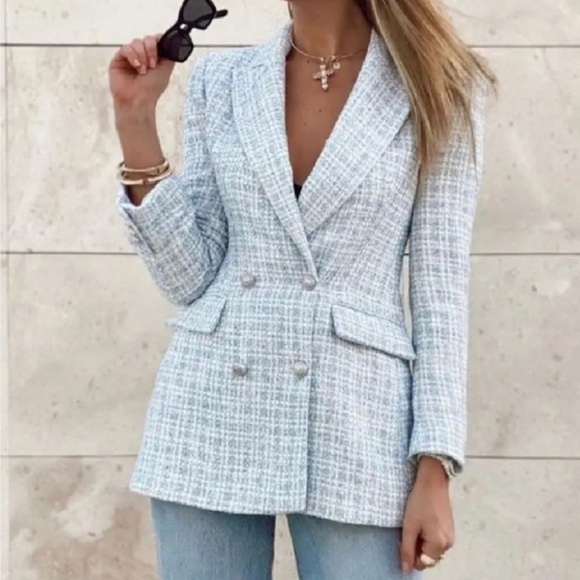 Zara Textured Tweed Double Breasted Blazer Blue Blogger Favorite - Picture 1 of 6